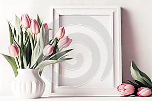 Empty white frame with pink tulips on white table mockup. Generative ai