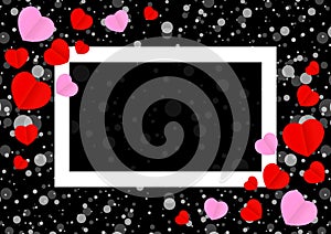 Empty white frame and red pink heart shape for template banner valentines card black background, many hearts shape on black