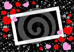 Empty white frame and red pink heart shape for template banner valentines card black background, many hearts shape on black