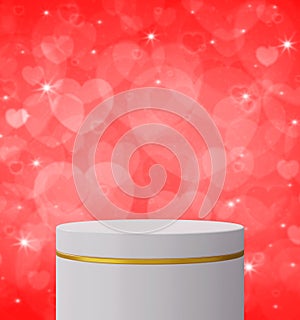 Empty white and gold cylindrical podium over blur red love heart wall