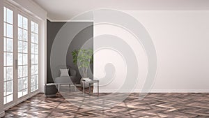 Empty white and gray interior with big panoramic window, armchair, pouf, table and plant. Herringbone parquet floor, classic