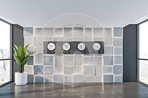 Empty white and gray office hall with clocks