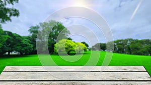 empty white gray wooden table with the background of field, tree, sky and sunlight at the park