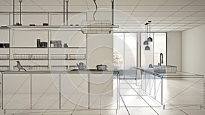 Empty white interior with white ceramic tiles floor, custom architecture design project, black ink sketch, blueprint showing