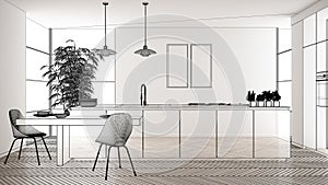 Empty white interior with white ceramic tiles floor, custom architecture design project, black ink sketch, blueprint showing