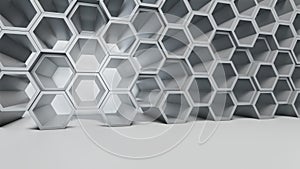 Empty white interior with hexagon shelves on the wall