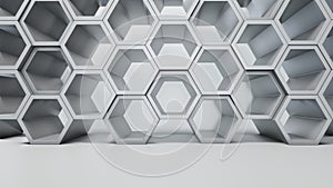 Empty white interior with hexagon shelves on the wall
