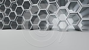 Empty white interior with hexagon shelves on the wall