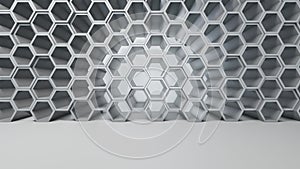 Empty white interior with hexagon shelves on the wall