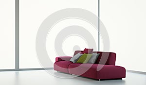 Empty white interior with panoramic windows. Pink sofa with pillows. 3D rendering