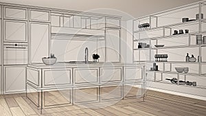 Empty white interior with parquet floor, custom architecture design project, black ink sketch, blueprint showing classic kitchen