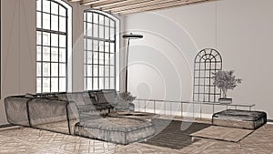 Empty white interior with white walls and parquet, wooden roof beams, custom architecture design project, black ink sketch,