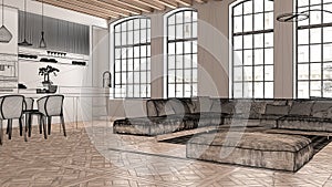 Empty white interior with white walls, parquet, wooden roof beams, custom architecture design project, black ink sketch, blueprint