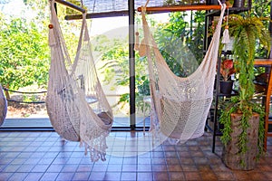 Empty white knitting rope swings hanging by the window in cafe