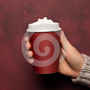 Empty White Label Hot Chocolate Cup Mockup With Detailed Hand Holding