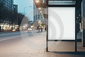 Empty white lightbox mockup at a public transportation stop in the city at dusk.