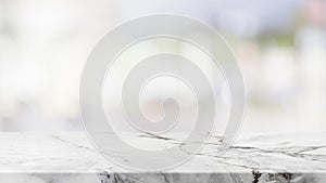 Empty white marble stone table top and blur glass window interior lobby and hall way banner mock up abstract background - can used