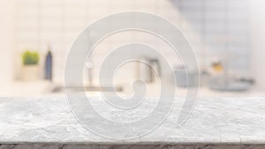 Empty white marble stone table top and blurred kitchen interior banner background - can used for display or montage your products