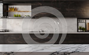 Empty white marble table on blurred background.
