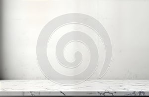 Empty white marble table in front of smooth light gray wall. Blank studio background ideal for product displays mockups. Modern