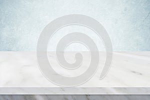 Empty white marble table over green cement wall background, banner, table top, shelf, counter design for product display montage