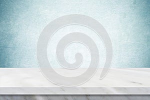 Empty white marble table over green cement wall background, banner, table top, shelf, counter design for product display montage