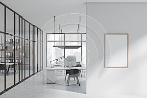 Empty white mock up canvas with open space office