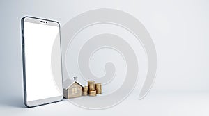 Empty white mock up smartphone with house and coins on light background. Online home purchase, buy and rent concept.