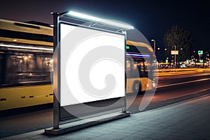 Empty white mock-up of a vertical light box in a bus stop at night.