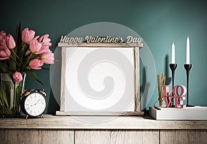Empty white mockup picture frame with Happy Valentine`s Day text. Pink tulip flowers with decoration.