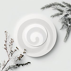 Empty white mocup, frame circle for text with winter decor. Generated AI