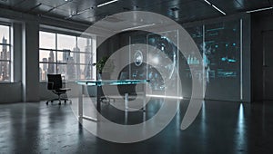 Empty white office space with just a desk and a hovering UI holographic, interface, futuristic and sterile.