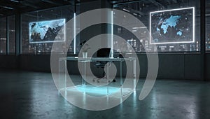 Empty white office space with just a desk and a hovering UI holographic, interface, futuristic and sterile.