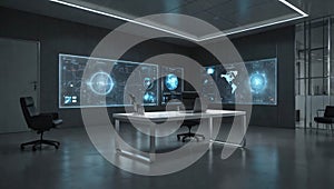 Empty white office space with just a desk and a hovering UI holographic, interface, futuristic and sterile.