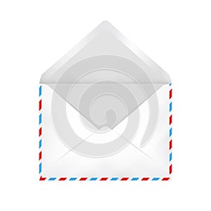Empty white open envelope with airmail border vector mock up