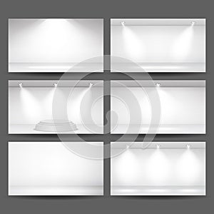 Empty White Photo Studio Interior Background Set. Photo Studio Room. Clean Iight Interior Scene Mock Up. Gallery, Architectural De