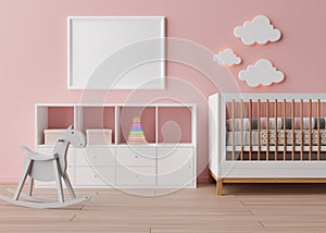 Empty white picture frame on pink wall in modern child room. Mock up interior in scandinavian style. Free, copy space