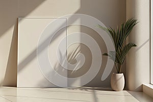 empty white picture frame standing on the floor in a minimalist appartement