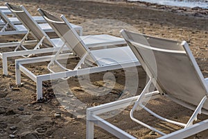 Plastic sunbeds on Tsilivi beach in Zante Island photo