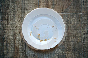 Empty white plate with crumbs