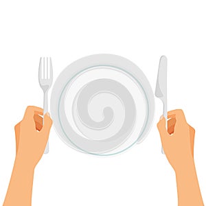 Empty white plate and hands with fork and knife.