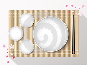 Empty white plate set with chopsticks on a bamboo cover. Vector