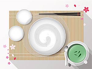 Empty white plate set with chopsticks on a bamboo cover. Vector