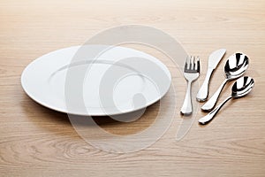 Empty white plate with silverware