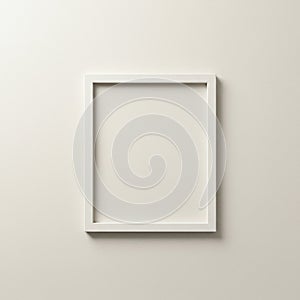 An empty, white rectangular picture frame mounted on a plain,