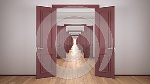 Empty white and red architectural interior with infinite open doors, endless corridor of doorway, walkaway, labyrinth. Move