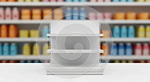 Empty White Retail Display Shelves in Front of Blurred Colorful Product Background