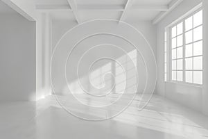 Empty White Room Background, Clean Blank Interior Mockup, Empty Space with Windows