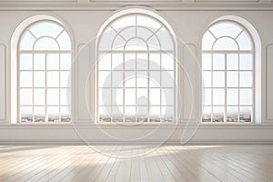 Empty white room with big windows.