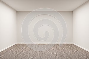 Empty white room with blank walls and brown hardwood floor - presentation or gallery architecture background element